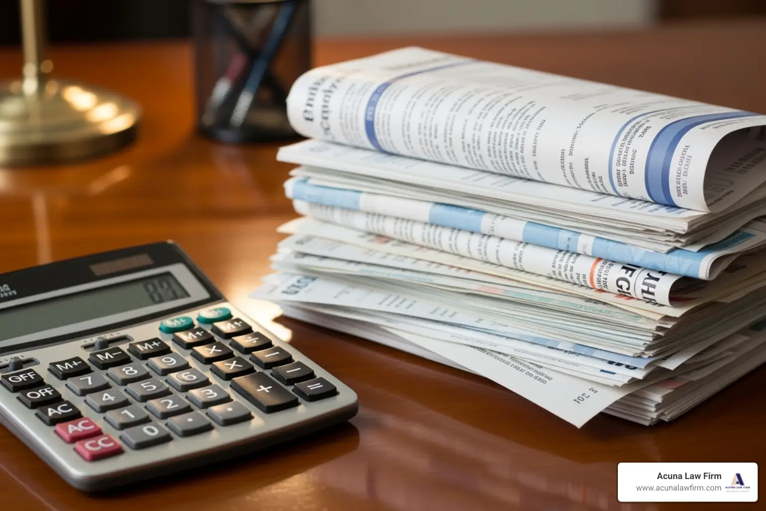 calculator next to a stack of medical bills - dog bite lawyer near me