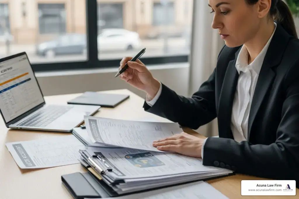 person looking thoughtfully at car accident paperwork and a pen - do i need a lawyer for a car accident settlement